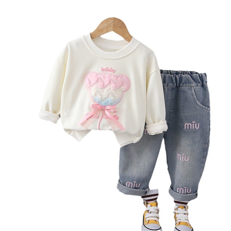 Girls' Autumn Dress Set 2025 New Western Style Baby Girl Spring and Autumn Sweet Bear Two Piece Set Children's Health Clothes