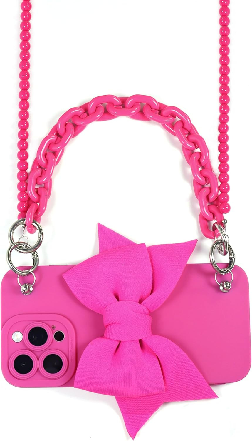 3D Rose Red Bow Crossbody Strap Case for iPhone 17 Pro Max with Wrist Strap and Lanyard