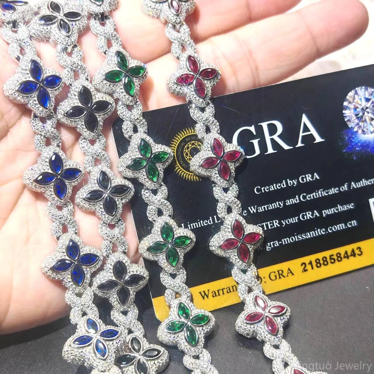 Luxury Hip Hop Jewelry Colorful Moissanite Iced Out S925 Silver Cuban Clover Bracelet