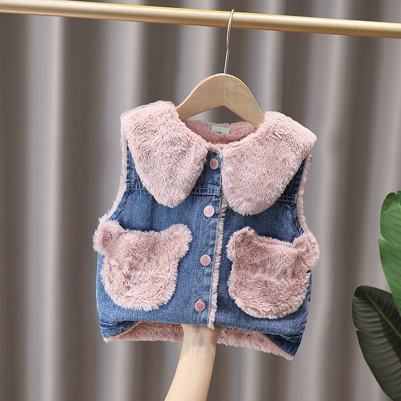 Autumn Winter Girl Boy Vest Fur Denim Jacket Baby Toddler Girls Clothes Fleece Coat Sleeveless Waistcoat Children Snow Outfit 251015
