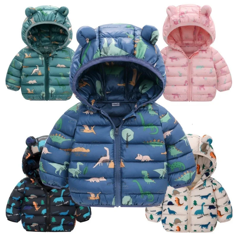 Children Boys Baby Hooded Lightweight Down Jackets Warm Outerwear Autumn Kids Girls Coats Cartoon Dinosaur Print Casual Clothing 251017