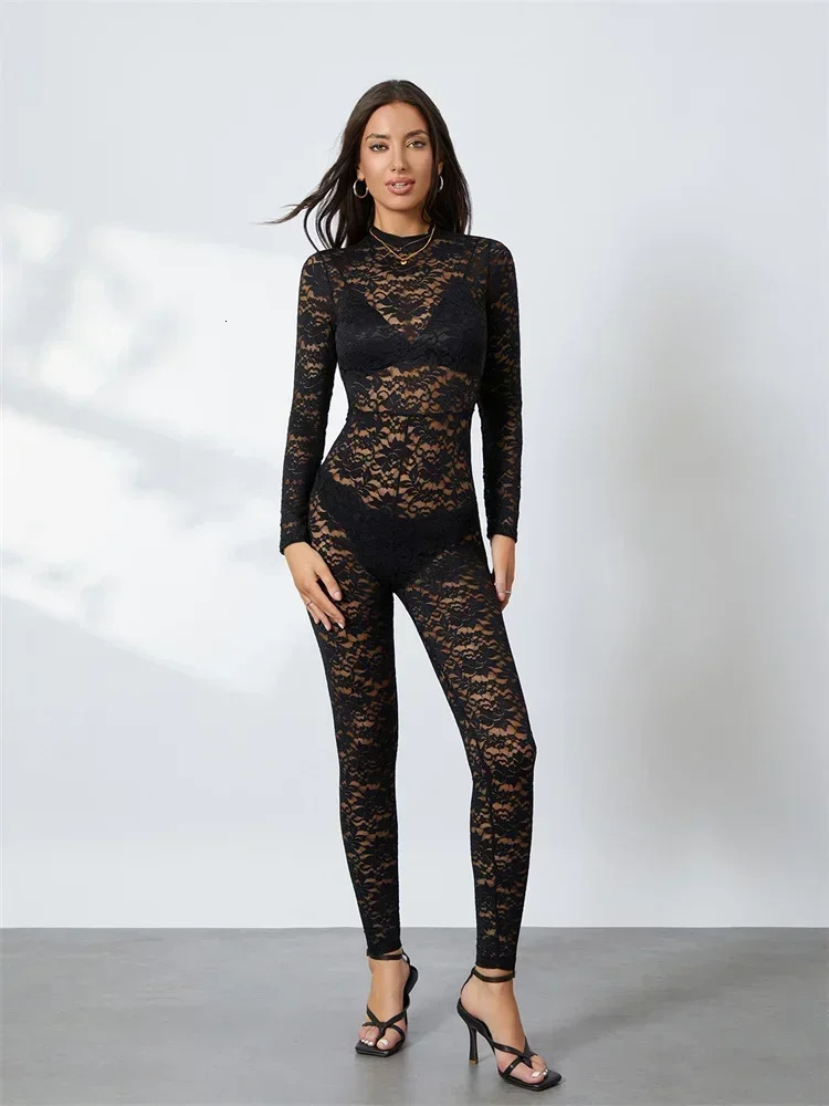 Womens Lace Jacquard Jumpsuits Long Sleeve Mock Neck Bodycon Long Romper See Through Club Sexy Overalls Streetwear 251016