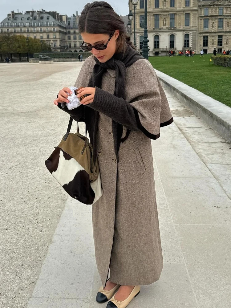 Elegant Double Breasted Cloak Long Coat Women Retro Chic Plaid Lapel Jackets Coats Female 2025 Autumn Classic Street Outwear 251010