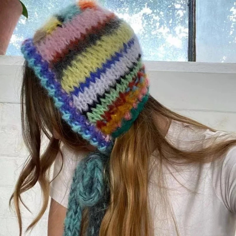 Color Striped Ear Protector Balaclava Hat Winter Hand Crocheted Contrast Color Neck Tie Pullover Beanies Cap for Women 251014