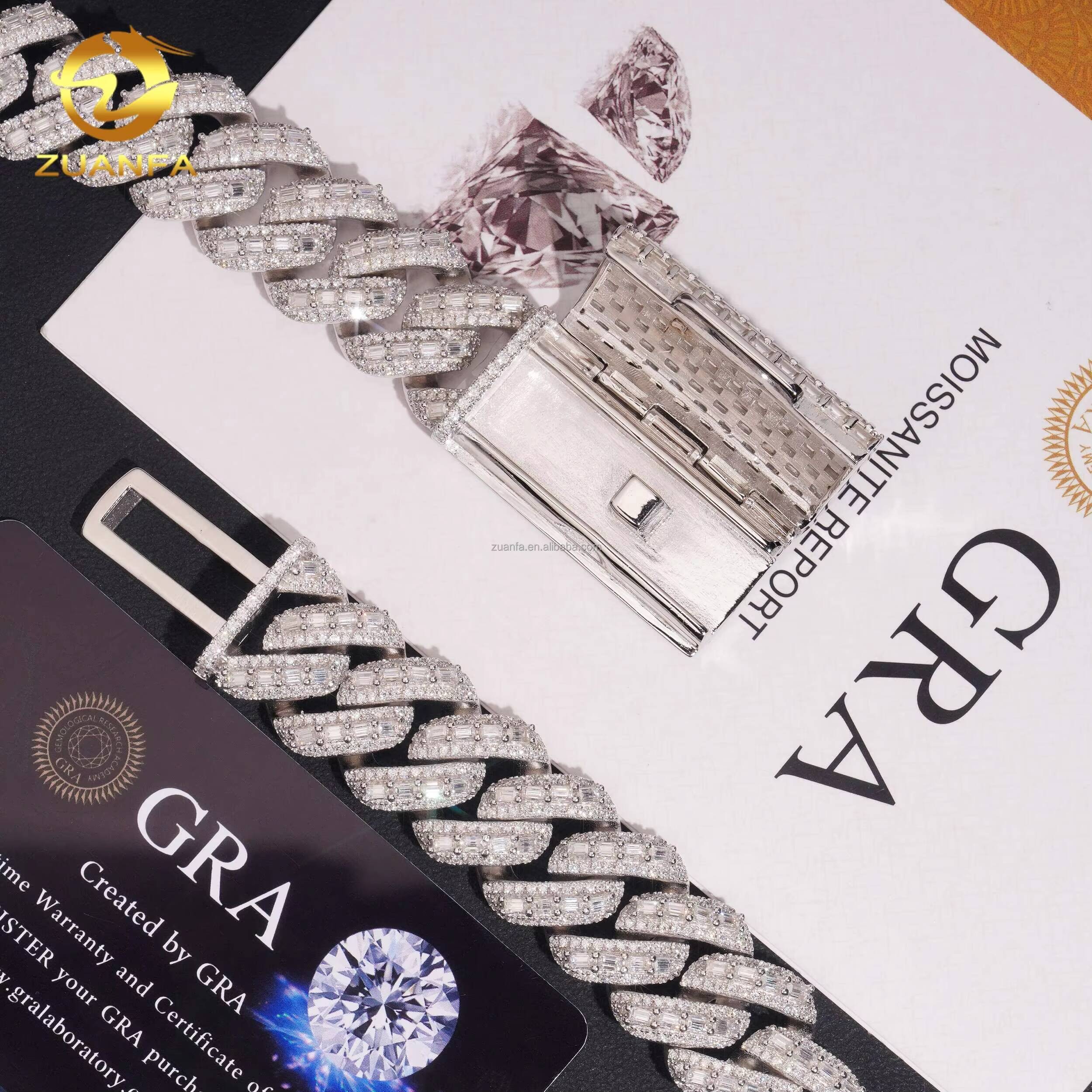 18mm High End Luxury Rapper Jewelry 925 Solid Silver Iced Out Hip Hop VVS1 Baguette Moissanite Diamond Miami Cuban Link Chain