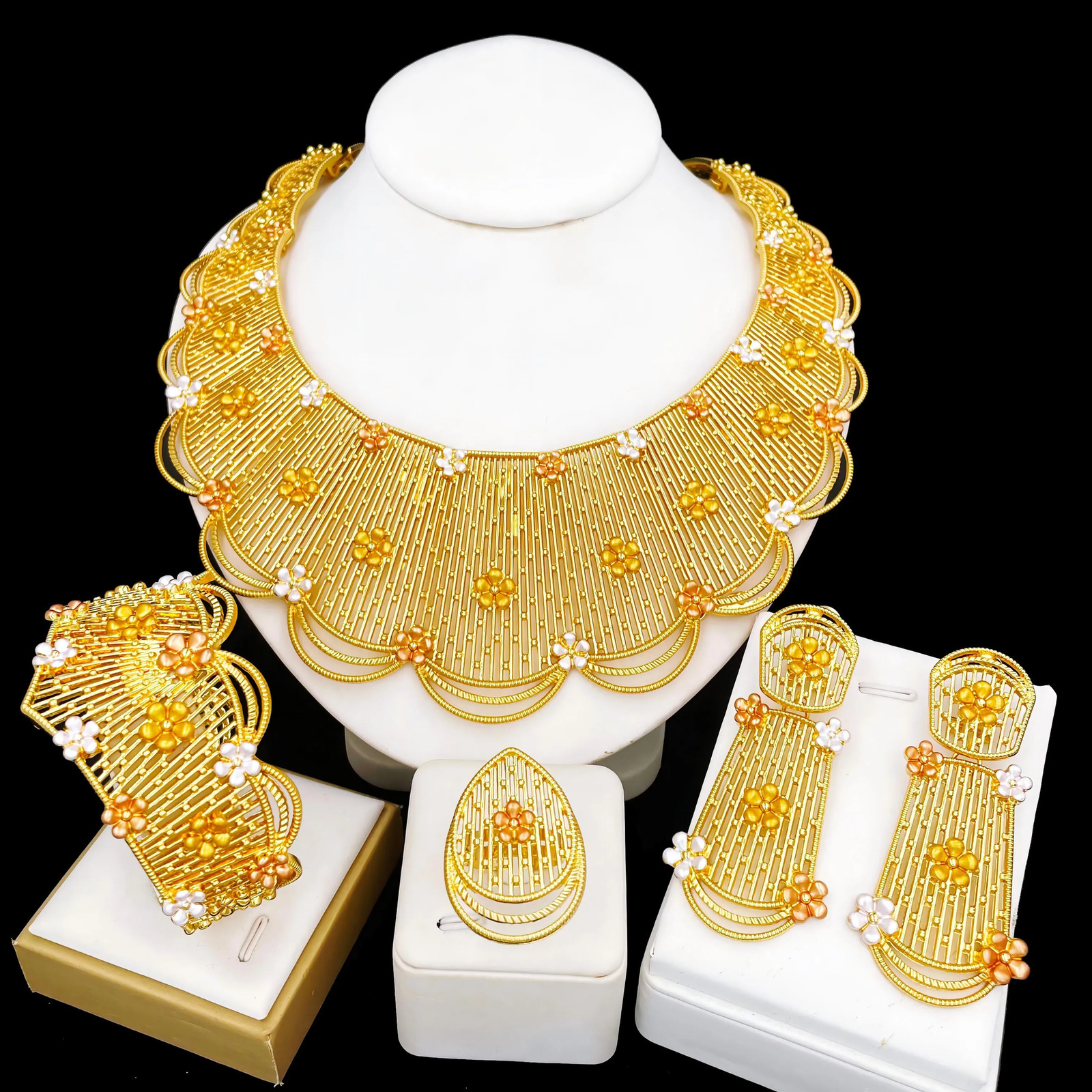 Jewelry Set For Women Tricolor Plating Necklace Earrings Bangle And Ring Full Set Jewelry Wedding Party Gift 251016
