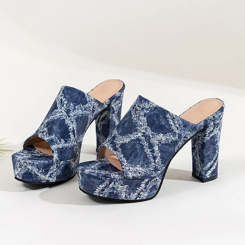 Super High Heel Slippers Summer Round Toe Open Toe Platform Denim NonSlip WearResistant Temperament High Heels 251017
