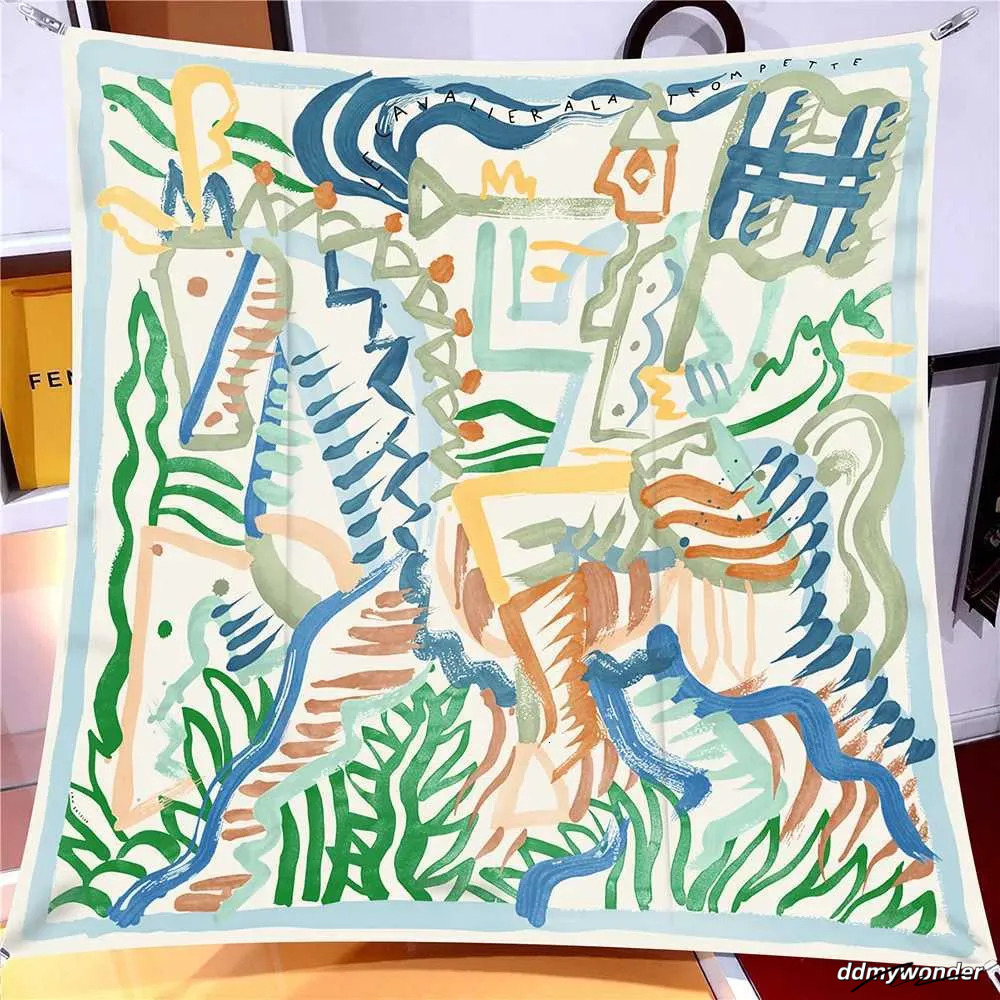 90Cm Twill Silk Scarf Shawl Graffiti Horse Print Square Women Hijabs Bandana Foulard Neckerchief Head Scarves M250709 Ddmywonder