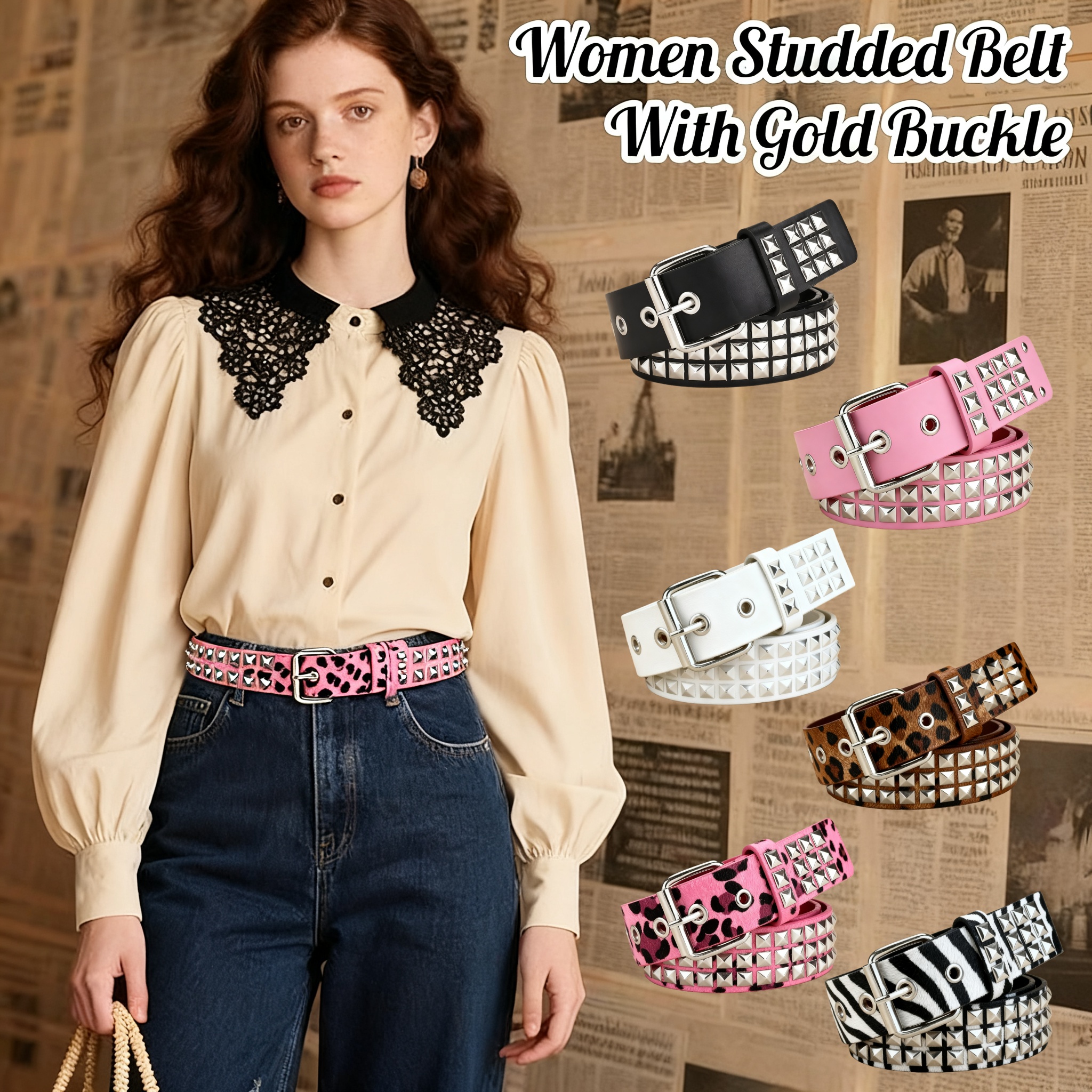 Leopard & Zebra Printed Punk Rock Studs Womans Belt - Stylish Metal Buckled Accessory