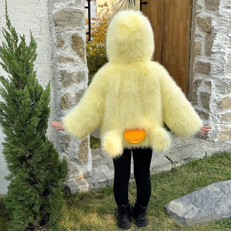 Baby Girl Cute Duck Pattern Fur Coat With Hood Wool Blends Jacket For Child Autumn Winter Kids Cartoon Duck Clothes 2 4 5 7 9 11 251015