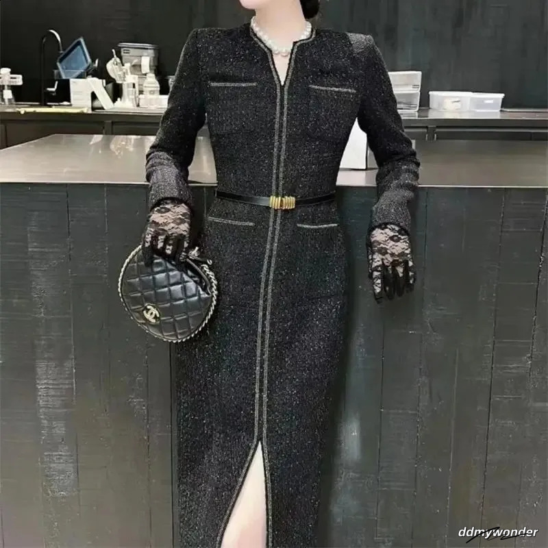 Tweed Dresses Women, Elegant Midi With Bright Silk Accents, Long Sleeves, Slim Fit Party Dress For Celebrations Ddmywonder