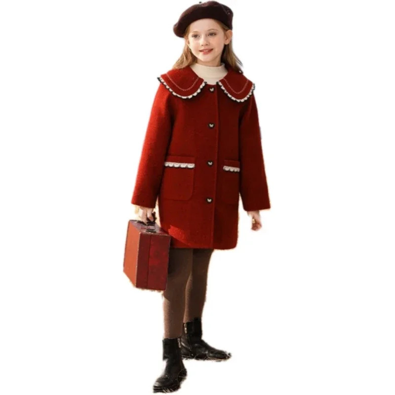 Girls Woolen Coat Jacket Windbreak Red Wine Warm Thicken Winter Cotton Overcoat Christmas Teenagers Childrens Clothing 251015