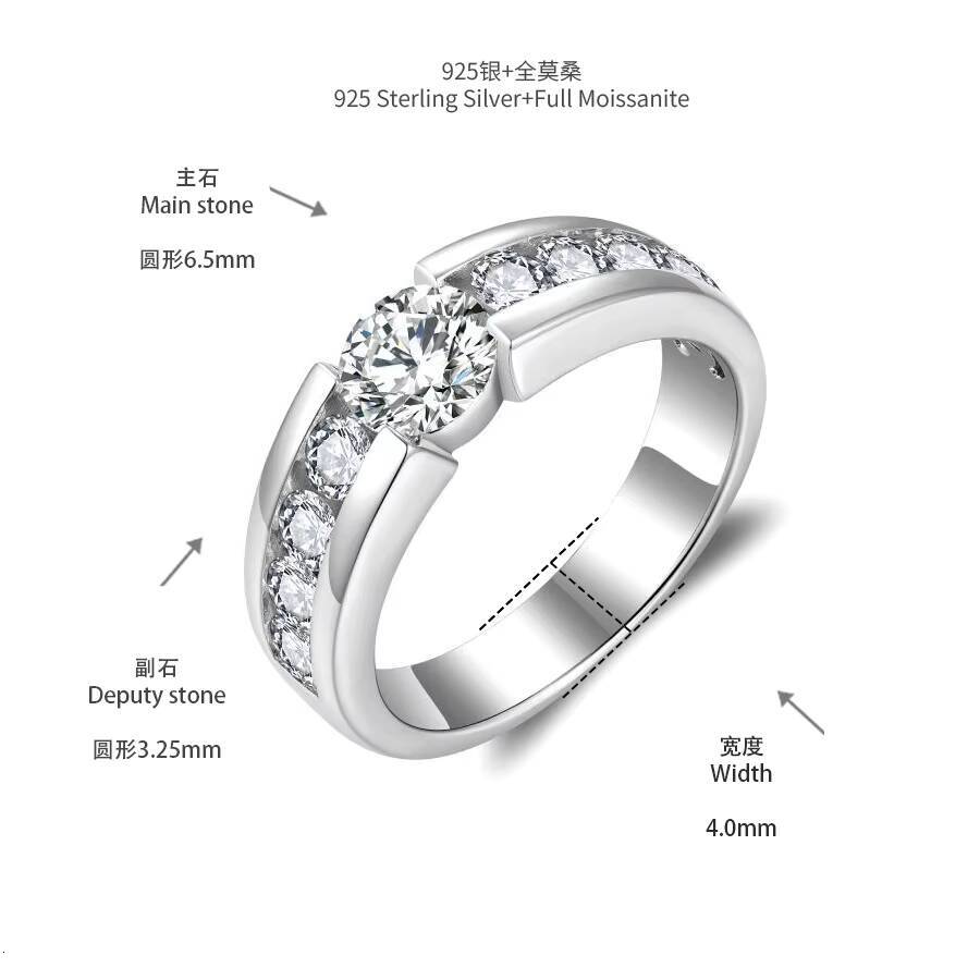 Fine Jewelry 925 Sterling Silver Plated 18k White Gold 65MM 1CT Micro Full Moissanite Diamond Ring for Men Gift