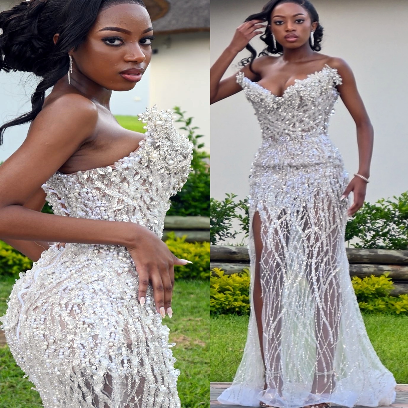 Ivory Mermaid Prom Dresses 2025 Beaded Crystals Pearls High Split Evening Formal Party Second Birthday Engagement Gowns Plus Size Dress For Special Oc