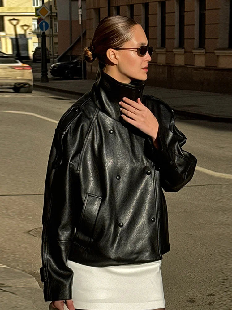 Black Stand Collar Womens Leather Jacket Loose Long Sleeve Zipper Pockets Motorcycle PU Coats 2025 Autumn Lady Outerwear 251016