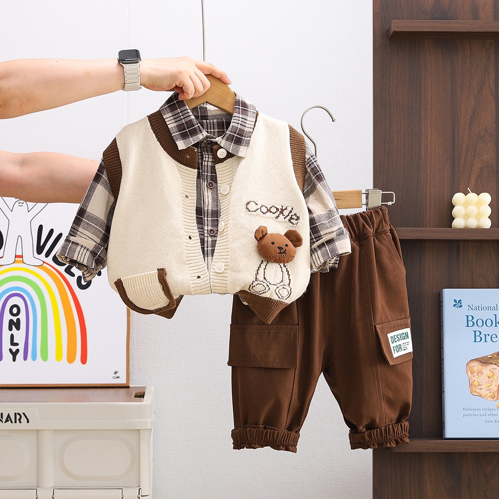 Baby Spring and Autumn Set 1-3 Year Old Boys' Bear Sweater 3-Piece Set Trendy Children's Korean Version Clothes Children's Clothing Tre