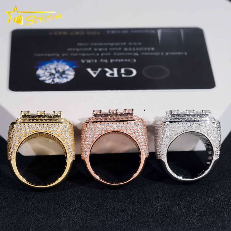 Pass Tester Ice Out Pure Silver Gold Plated Rapper Jewelry VVS Silicon Stone Hip Hop Ring
