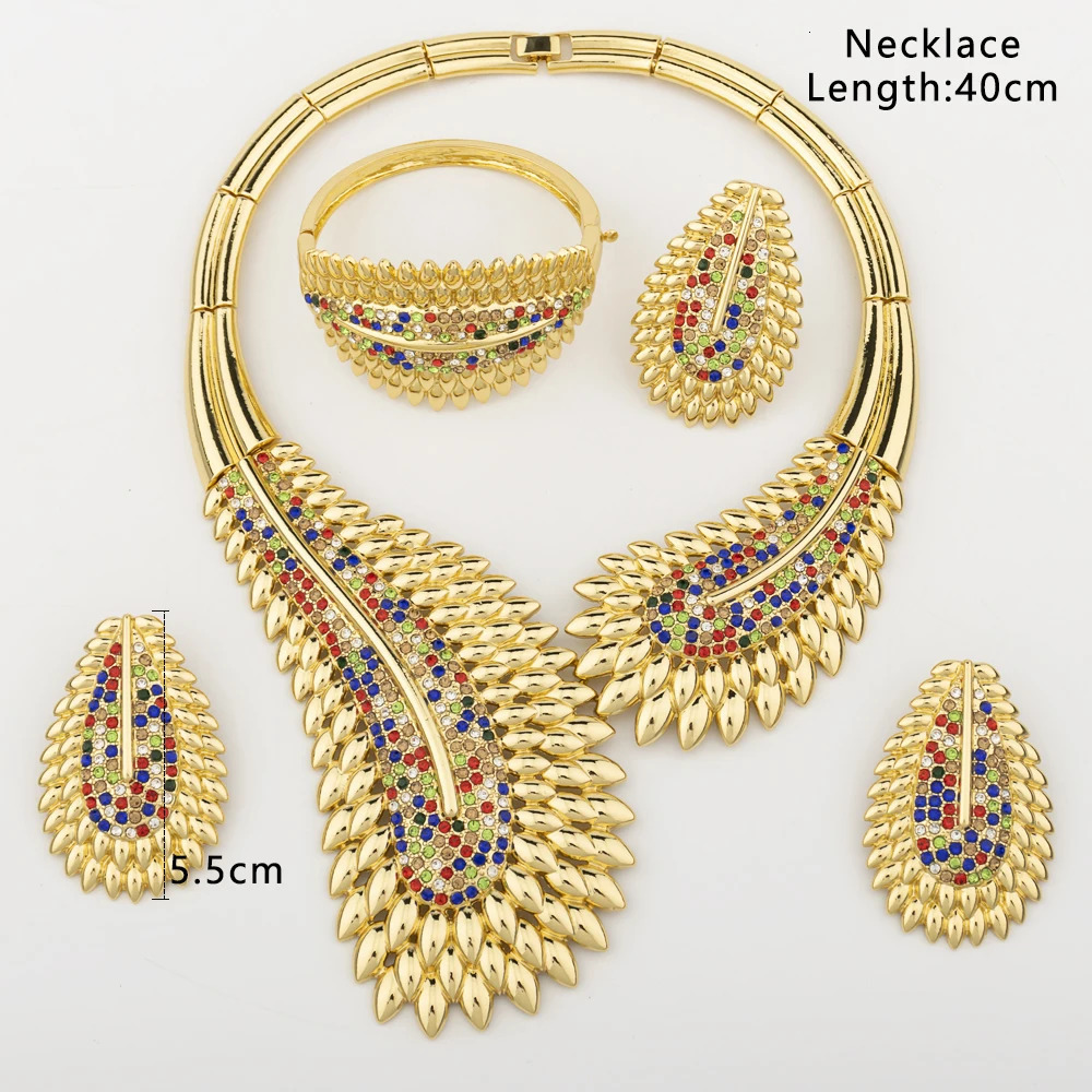 Trendy Colorful Jewelry Set for Women Zircon Collor Earrings and Necklace Large Gold Plated Bracelet Ring Style Jewelry Gift 251016