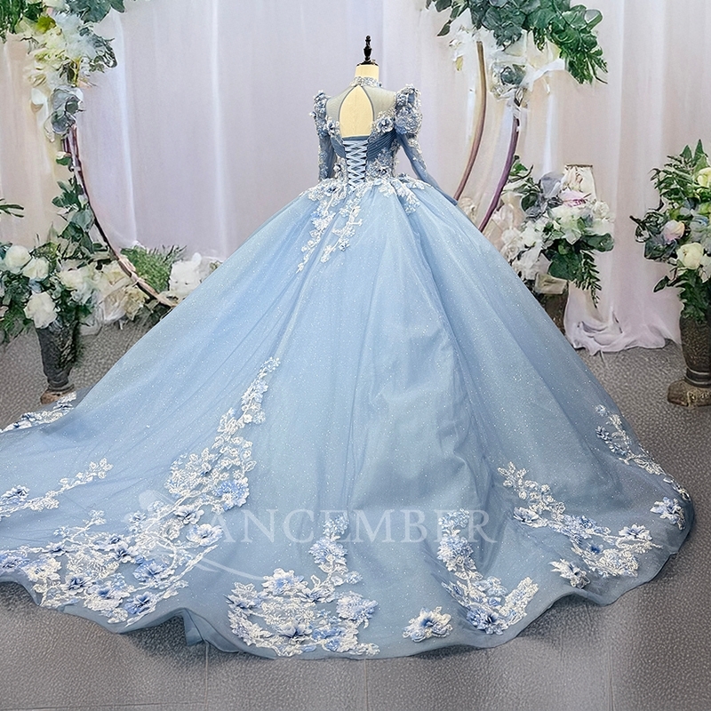Blue Shiny Quinceanera Dresses Off The Shoulder Applique Lace Beading Crystal Long Sleeves Tull Party Birthday Sweet 16 Dres Vestidos 15 De Anos