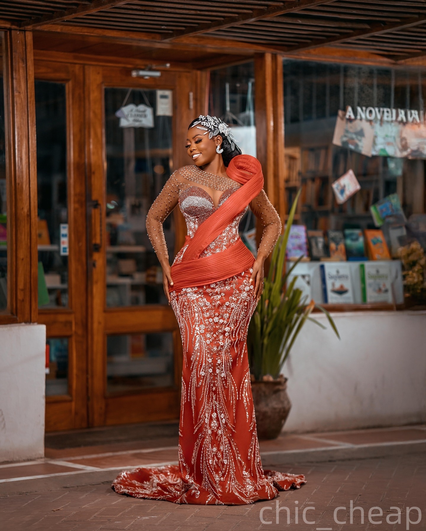 Burnt Orange Mermaid Prom Dresses 2025 Beaded Crystals Sheer Neck Evening Formal Party Second Birthday Engagement Gowns Plus Size Dress For Special Oc