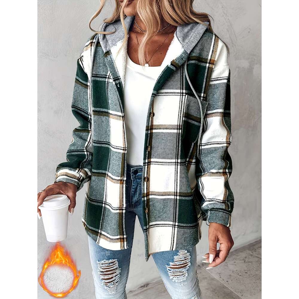 Women's Plaid Hooded Jacket With Fleece Lining - Cozy Winter Adjustable Drawstring Hood & Button Front, Warm Outerwear For Fall And Winter, Hine 