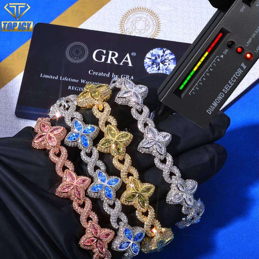 Luxurious Sier Bracelet with VVS D Moissanite Unisex Elegant Marquise Flower and Clover Hip-Hop Style Colorful Jewelry