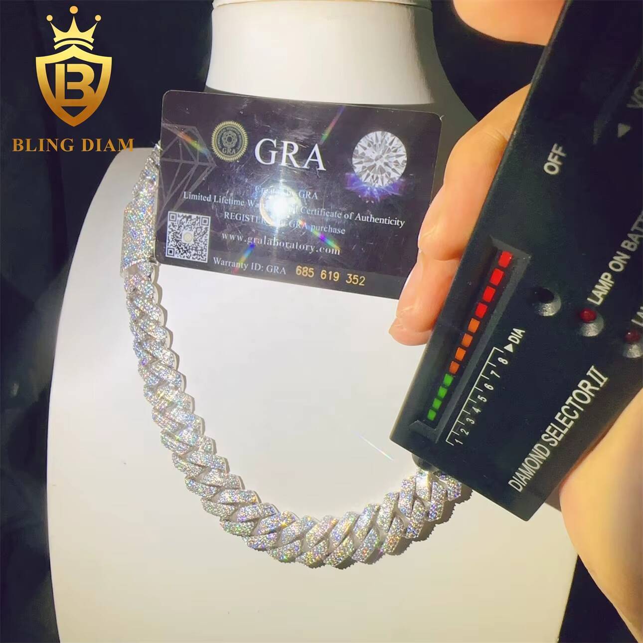 GRA Certificated Hip Hop VVS Miossanite Iced Out Diamond 15mm Sterling Silver 925 Miami Cuban Link Chain Necklace