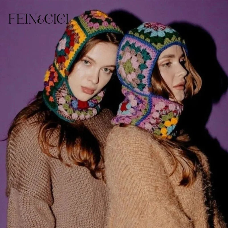 Colorful wool knit Balaclava Granny Winter warm wooden Crochet Square Hoodie hat Winter Ski Mask Full Face Cover Mask 0052 251014