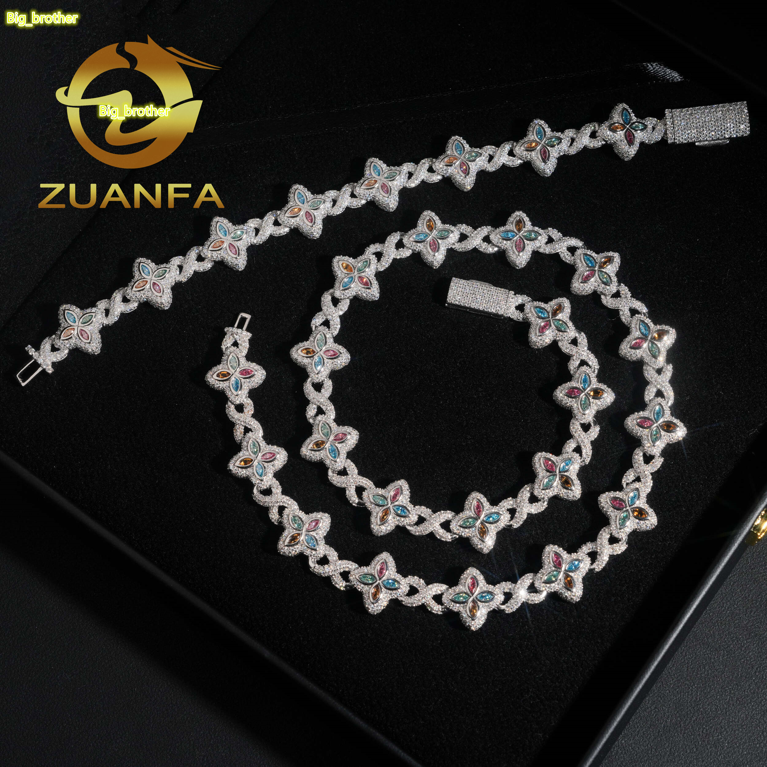 15mm Marquise Flower Hip Hop Jewelry 925 Silver Iced Out Unisex Color Moissanite Cuban Link Chain Set