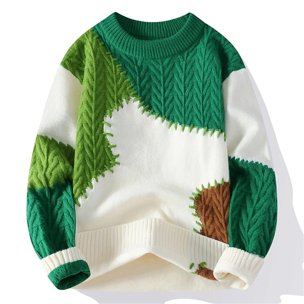 Streetwear Knitwear Mens Loose Spliced Pullovers Autumn Winter Woolen Pullover Sweaters Men Roundneck Base Layer Knitted Shirt 251015