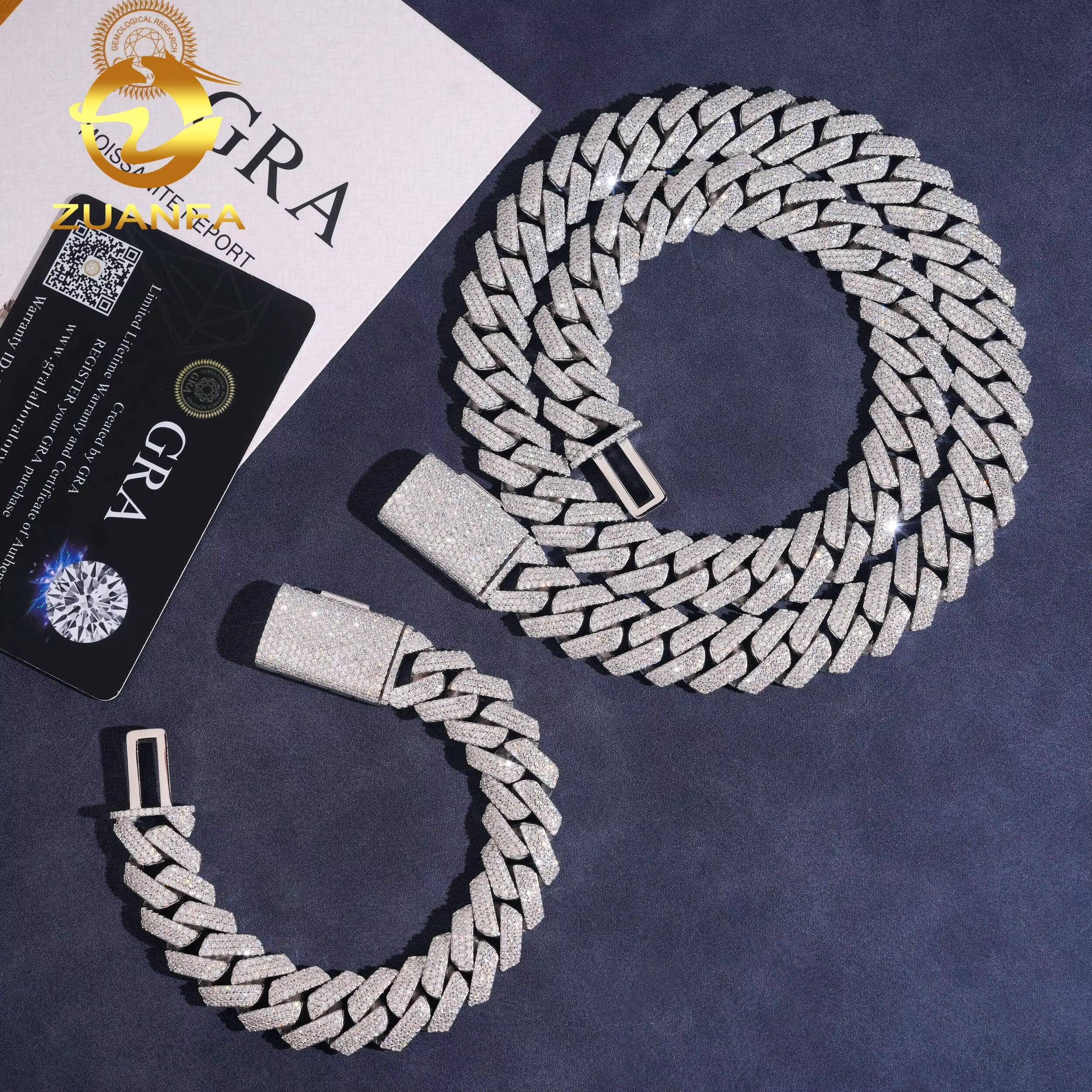 Pass Diamond Tester Hip Hop Iced Out Mens 15mm 3 Rows Stone Moissanite Miami Cuban Link Chain