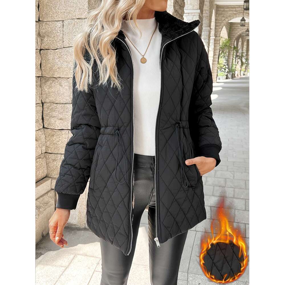 Solid Color Zipper Quilted Drawstring Jacket, Elegant Long Sleeve Warm Autumn And Winter Coat For Women