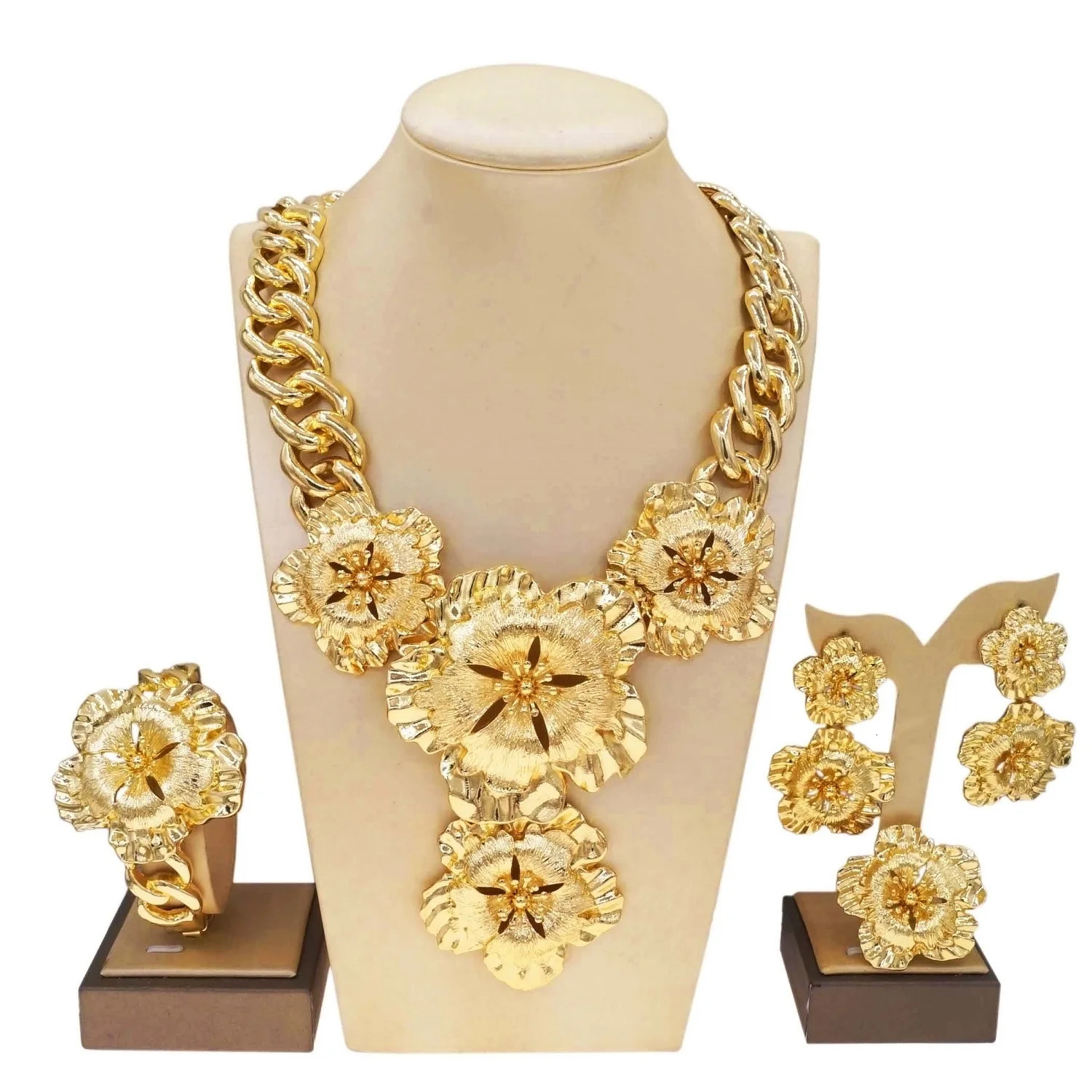 Necklace For Women Fashion Cuban Chain Necklace Gold Flower Pendant Wedding Bijoux Gold Plated Earrings Ring SYHOL 251016