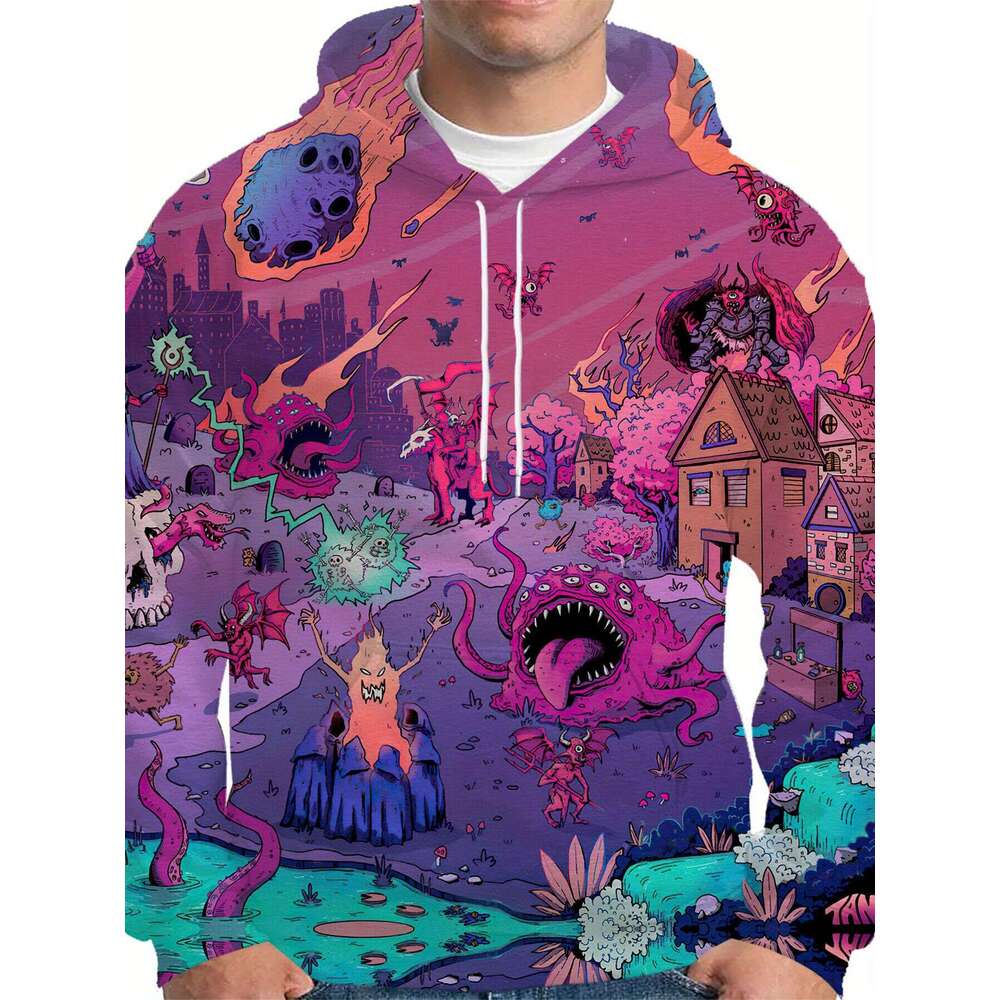 Men's 3D Cartoon Print Hoodie - Vibrant Streetwear Pullover With Double-Layer Hood, 250Gsm All-Season Comfort, Hine Washable Casual Sweatshirt