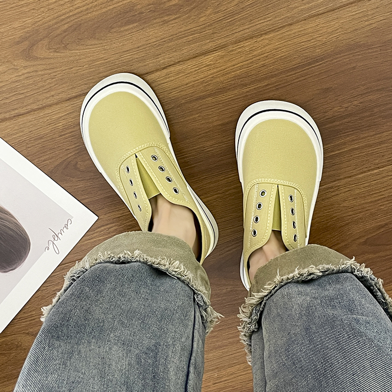 Women's Square Head Toe Low-Profile Canvas Shoes Women's Spring Summer New Style Breathable Thin-Material Flat Heel Board Shoes Student Brea