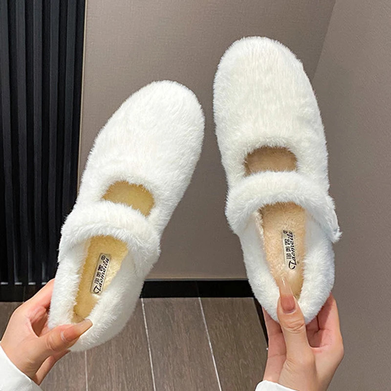 Fairy White Furry Mary Janes Women Warm Mink Fur Shoes Winter Cotton Lined Flats Slip On Ballerinas Ladies Barefoot Wool Loafers 251017