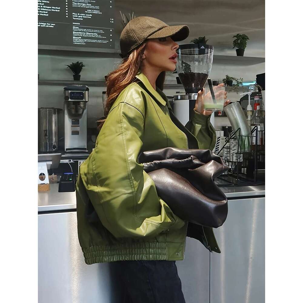 Women's Olive Green Retro Street Style Jacket - Loose Fit Drop Shoulder Zip-Up Casual Coat With H-Silhouette, Long Sleeves & Solid Color Design F
