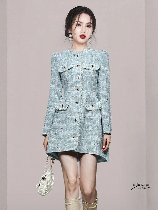 Womens Autumn And ddmyApr Winter Pullover Round Neck Panel Button Solid Color Slimming Mid Length Flower Tweed Long Sleeved Dress 240824