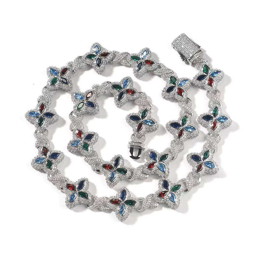 Fashion for Men Iced Colorful Zircon Necklace Cuban Chain Bracelet Brass Charm Four-Leaf Clover Jewelry