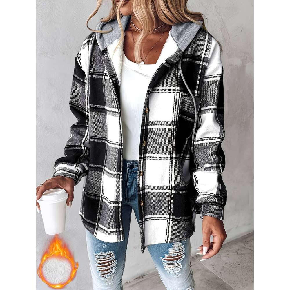 Women's Plaid Hooded Jacket With Fleece Lining - Cozy Winter Adjustable Drawstring Hood & Button Front, Warm Outerwear For Fall And Winter, Hine 