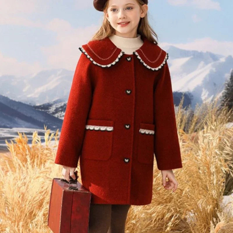 Girls Woolen Coat Jacket Windbreak Red Wine Warm Thicken Winter Cotton Overcoat Christmas Teenagers Childrens Clothing 251015