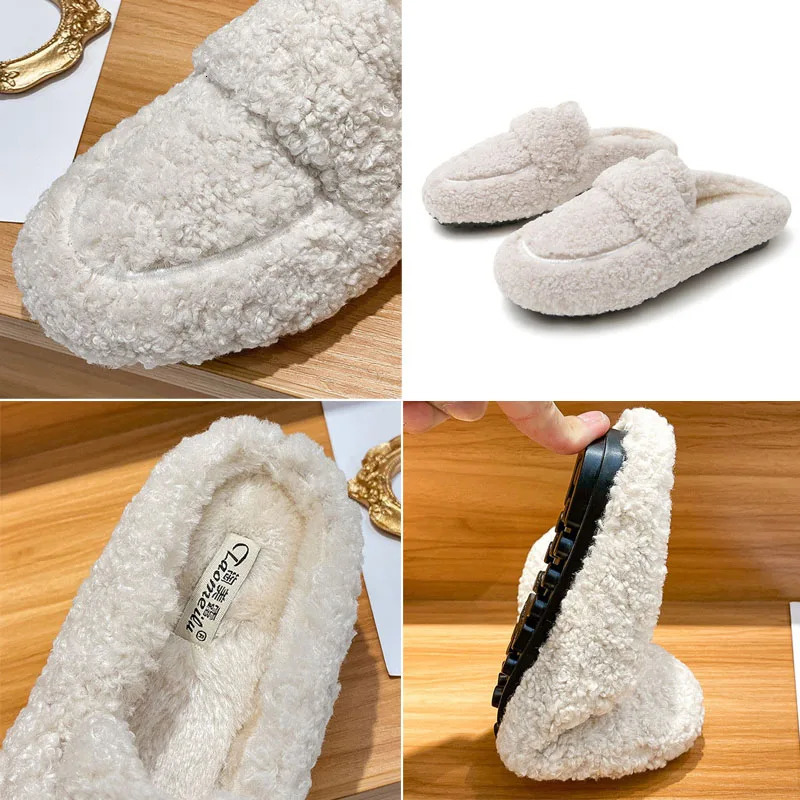 Curly Lambswool Shoes Ladies White Fur Slippers Femmes Slip On Mules Winter Warm Closed Toe Slides Women Sheep Woolen Flats 251013