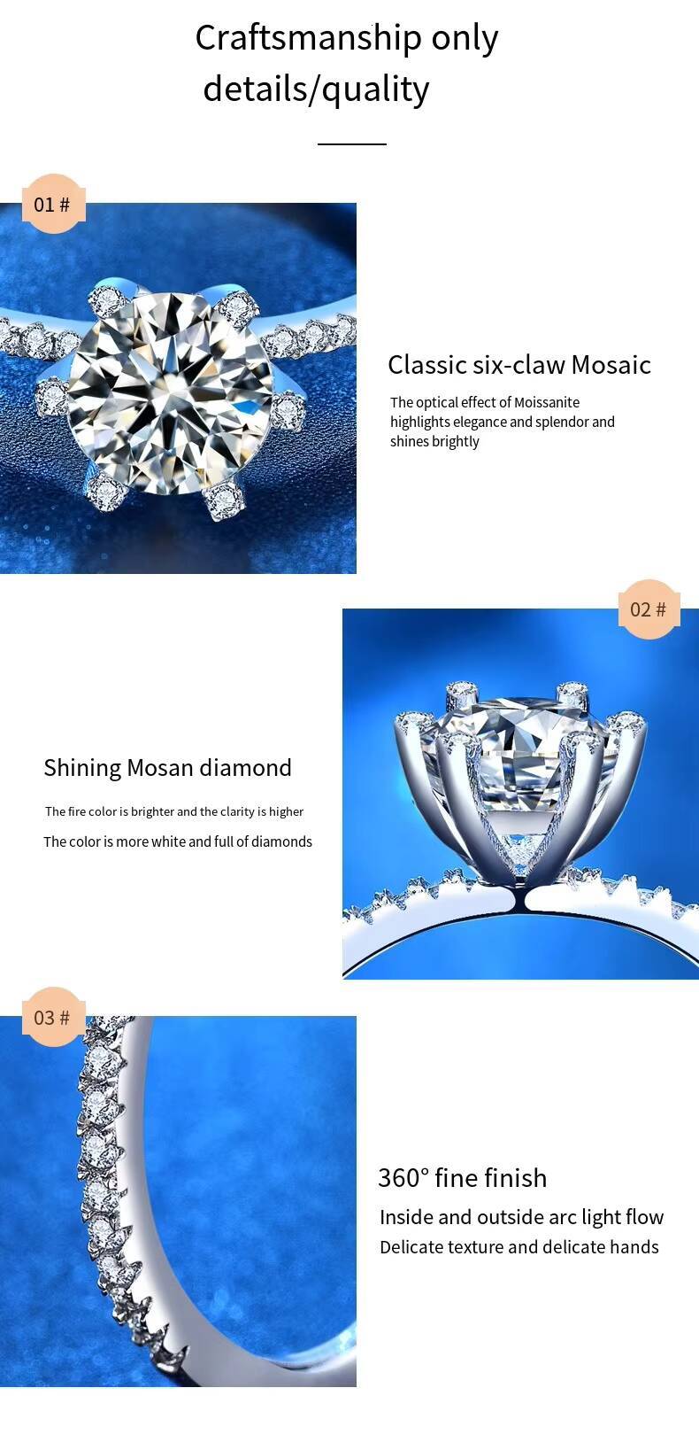 Fashion Jewelry Lab Grown Diamond Ring 1ct Moissanite Ring for Engagement Wedding Girlfriend