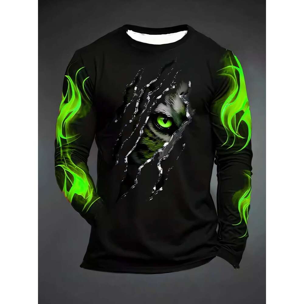 Men's Casual Long Sleeve Crew Neck T-Shirt Green Eye And Flame Design, Slim Fit Polyester Knit With Slight Stretch, Animal Pattern Graphic Tee