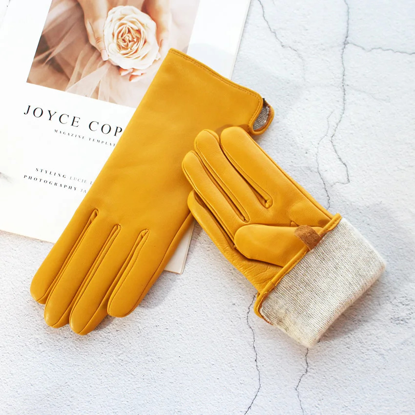 Color Sheepskin Leather Gloves Womens Straight Style Fleece Lining Spring and Autumn Outdoor Traveling Cycling Car Driving 251015