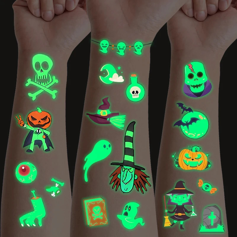 10Sheets Halloween Luminous Tattoo Stickers Ghost Pumpkin Kids Adults Halloween Party Decoration Glow In The Dark Supplies Gifts 251010