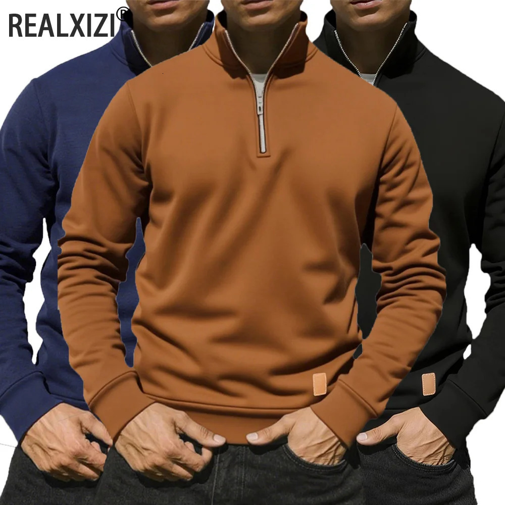 Mens Half Zipper Sweatshirts Long Sleeve Solid Color Pullover Turtleneck Streetwear Winter Warm Jacket Sport Coats 251015