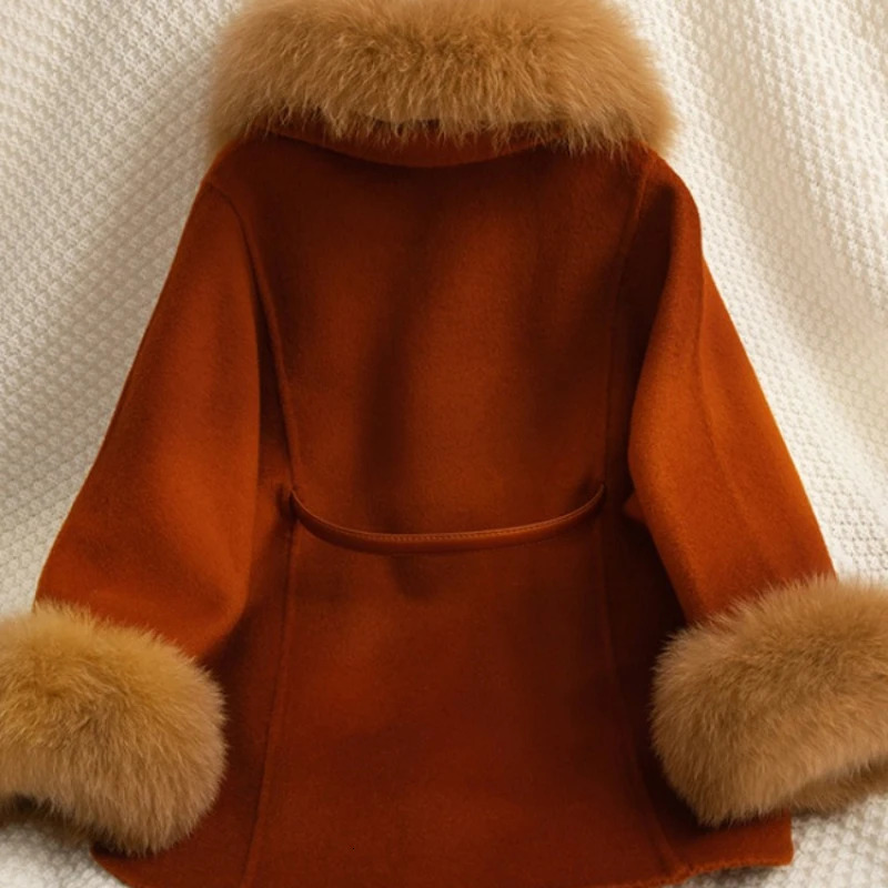 Winter All Wool Double Sided Cashmere Coat Belt Fox Fur Collar Coat Girls Winter Coat Christmas Girls Jacket 251015