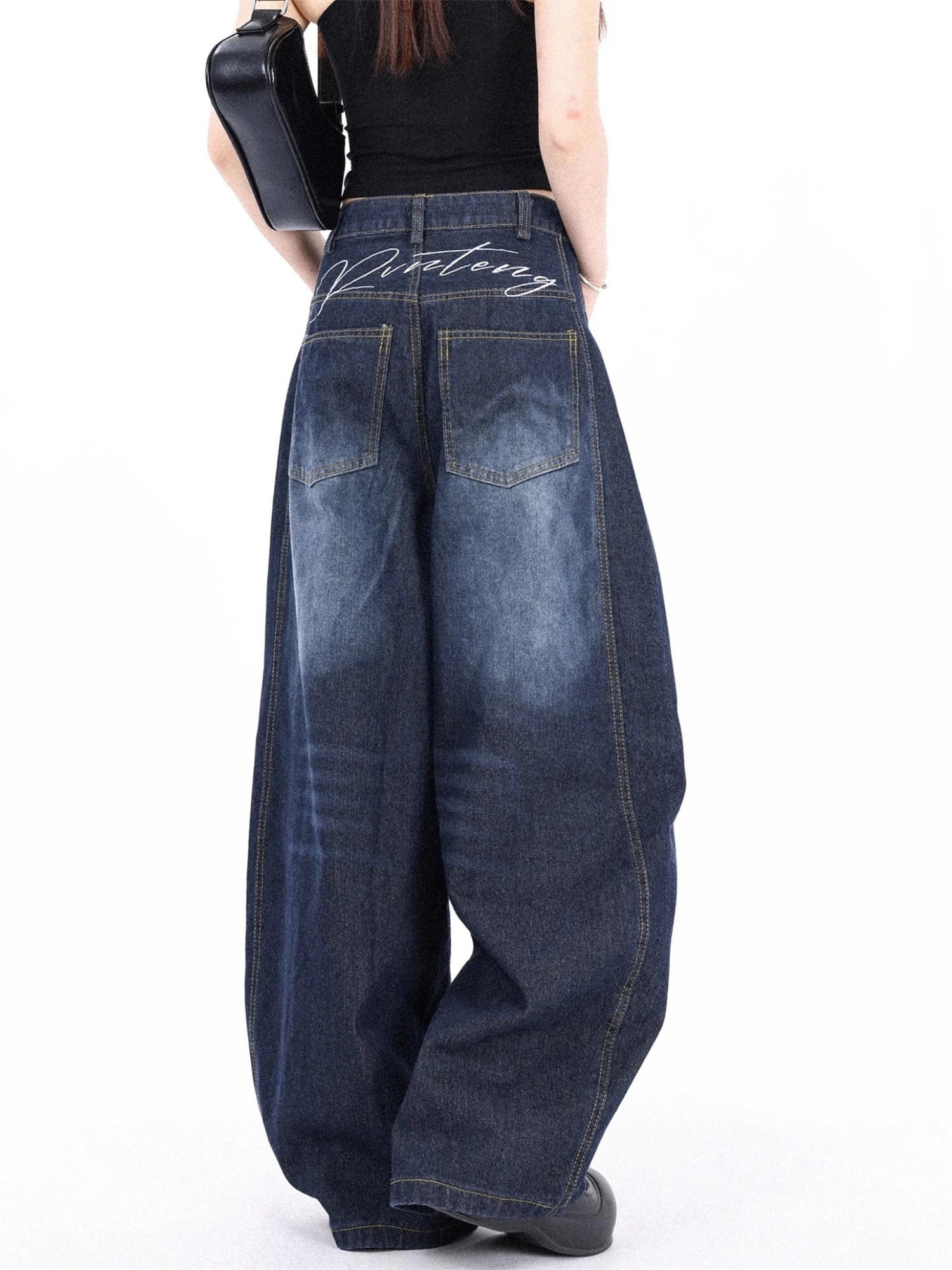 Y2K Womens Vintage Baggy Wide Leg Jeans High Waist Loose Denim Pants With Back Letter Embroidery Streetwear Trousers 251014