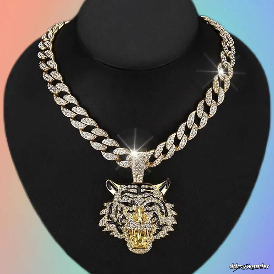 Men's Hip-Hop Tiger Pendant Necklace: Alloy Cuban Chain With 3D Full Dia Style Ddmywonder